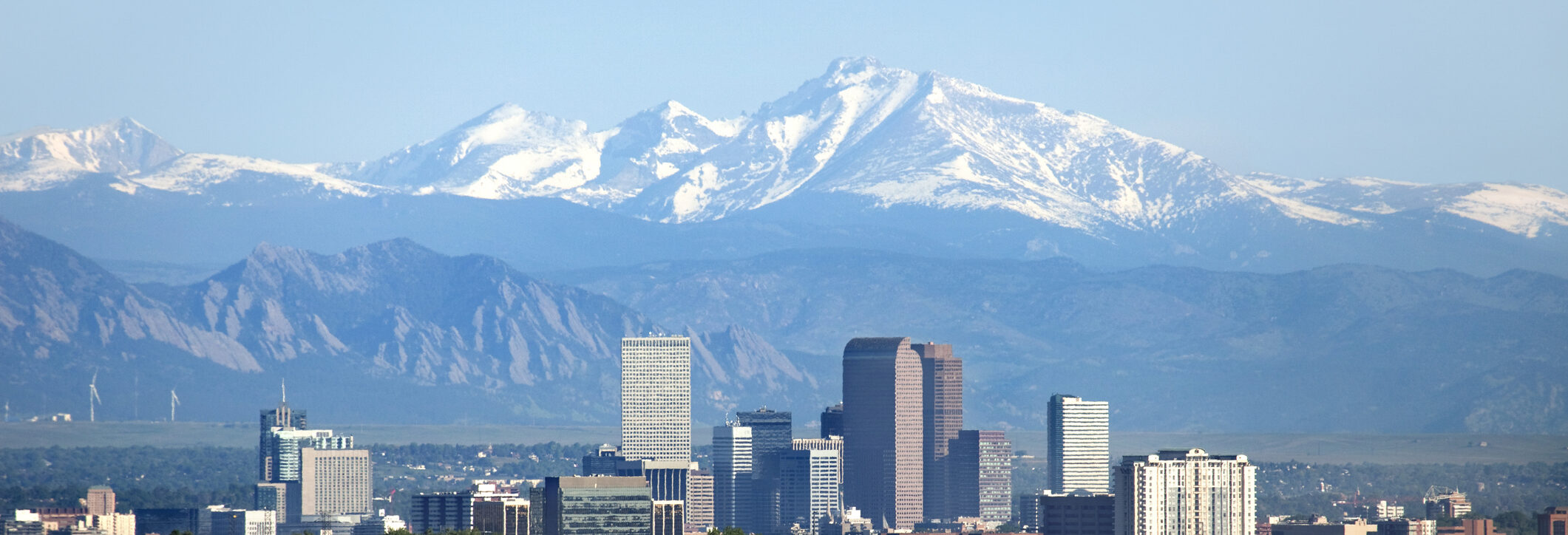 Denver Colorado skyscrapers snowy Longs Peak Rocky Mountains summer